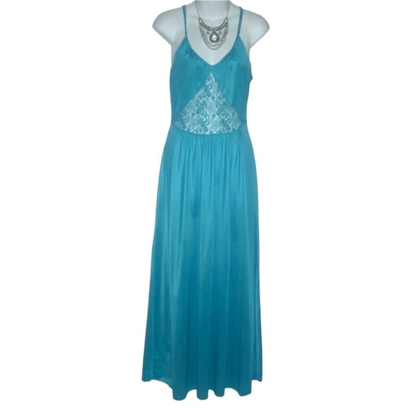 Vintage 80's Diane Von Furstenberg Aqua Blue Satin Nightqown Long Lace Dynasty - Picture 1 of 9